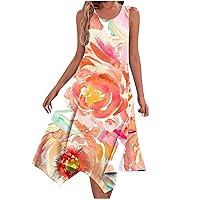 2024 Women's Midi Summer Dress Sleeveless Beach Dress Flowy Floral Sundress Loose Vacation Dress A LIine Dresses