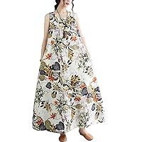 Women's Boho Cotton Linen Sleeveless Crewneck Oversized Long Maxi Dress