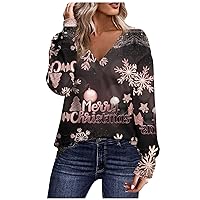 Women's Fall Clothes Casual Fashion Christmas Printed V-Neck Long Sleeve Button Down T Shirt Top, S-3XL