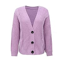 Women's V Neck Solid Color Sweater Casual Open Front Button Down Short Cardigan Loose Long Sleeve Chunky Knit Tops