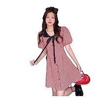 Lolita Gothic Dress Plus Size Women's Summer Plaid Bow Age-reducing Mid-Length Dress Women (Color : Red, Size : Large)