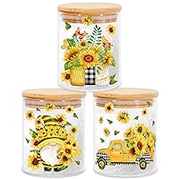 3Pcs Sunflower Glass Storage Jars with Airtight Bamboo Lid Watercolor Gnome Truck Canisters Sets for Spring Summer Home Kitchen Countertop Decorations