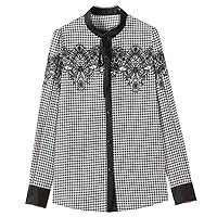Spring/Summer Black Real Silk Blouse - Women's Bird Lattice Print Shirt with Bow, Stand Collar & Long Sleeves
