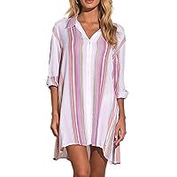 ELAN Stripe Button-Down Woven Cover-Up M, White/Stripe