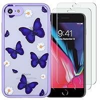 for iPhone SE 2020/7/8 Butterfly Case with Tempered Glass Screen Protector, Flower Floral Pattern Girls Women Soft Clear PC Back and TPU Bumper Protective Case (Purple)