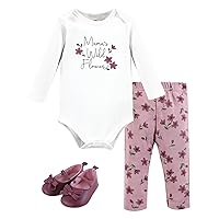 Hudson Baby Unisex Baby Cotton Bodysuit, Pant and Shoe Set, Plum Wildflower, 12-18 Months