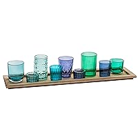 Wood Tray with 9 Blue & Green Glass Votive Holders