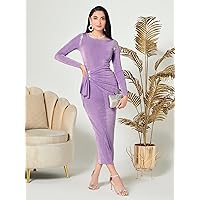 Women's Dress Dresses for Women Solid Rhinestone Ruched Side Bodycon Dress QBOMB (Color : Lilac Purple, Size : X-Large)