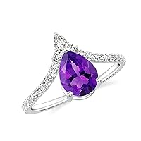 Natural Amethyst Pear Crown Shaped Ring for Women Girls in Sterling Silver / 14K Solid Gold/Platinum