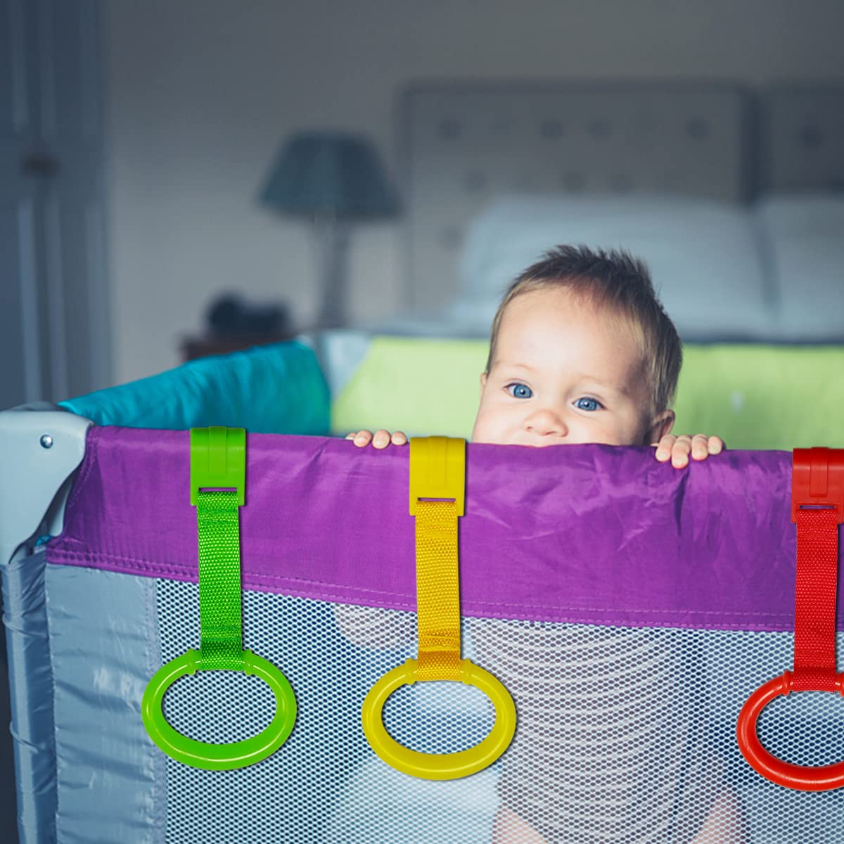 4 PCS 4 Colors Plastic Baby Crib Pull Rings Kids Walking Exercises Assistant Stand Up Rings Baby Cot Hanging Rings for Infant Baby Toddler Practice Tool