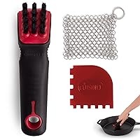 Cuisinel Cast Iron Scrubber Cleaning Brush + Stainless Steel Chainmail + Pan Scraper - Skillet, Grill Cleaner Kit - Soft-Touch Easy-Grip Dish Scrub Tool - Bristles Tough on Grease - Gentle on Cookware