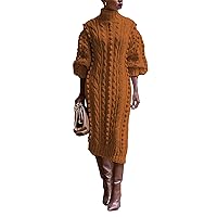 Womens Sexy Fashion High Collar Long Sleeve Solid Color Knitted Hollow Split Long Dress Casual Dress