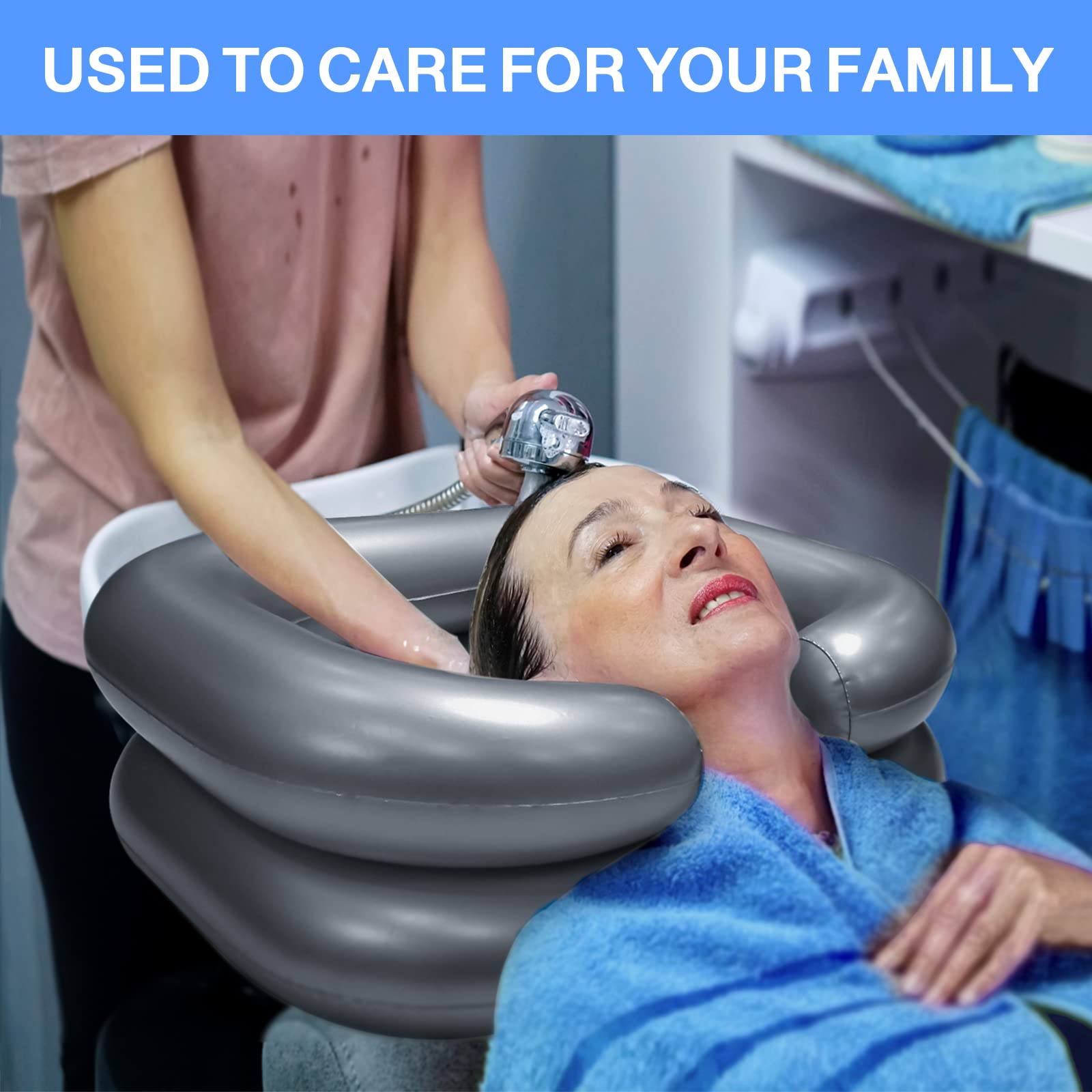 Portable Shampoo Bowl, Inflatable Hair Washing Sink Made for Handicapped, Bedridden, Kids, Seniors, Adjustable Strap, No Spills, Hair Washing Tray (Silver)