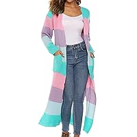 Women's Cable Knit Long Sleeve Sweater Cardigan Open Front Long Cardigans Pocket Color Block Hooded Casual Outwear