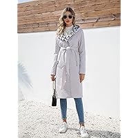 Winter Coats for Women- Press Buttoned Houndstooth Hooded Winter Coat (Color : Light Grey, Size : Medium)