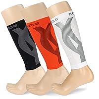 BLITZU 3 Pairs Calf Compression Sleeves for Women and Men Size XXL, One Orange, One Black, One White Calf Sleeve, Leg Compression Sleeve for Calf Pain and Shin Splints. Footless Compression Socks.