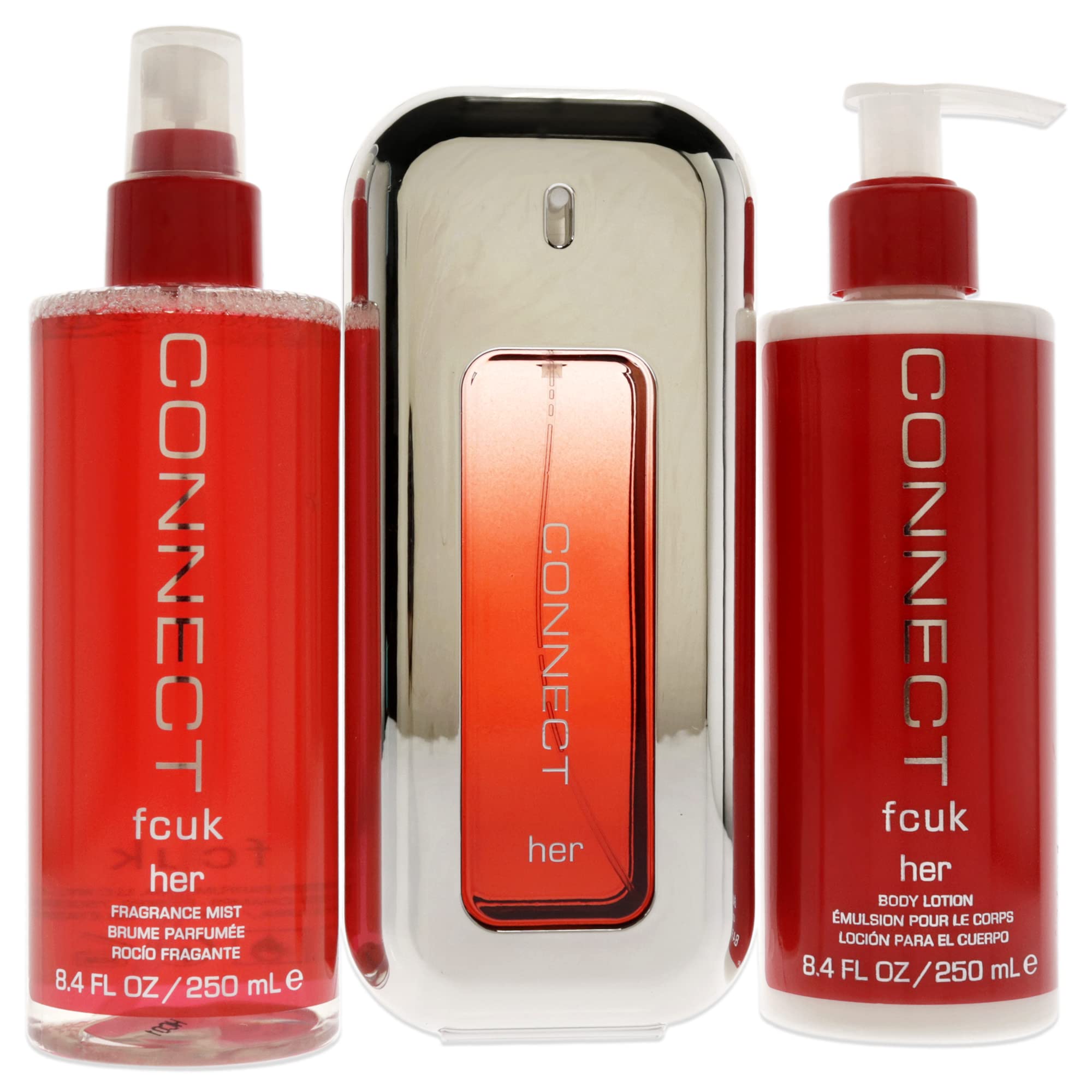 French Connection UK Fcuk Connect 3.4oz EDT Spray, 8.4oz Body Lotion, 8.4 Fragrance Mist Women 3 Pc Gift Set