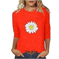 Daisy Shirts for Women Oversized T Shirt Flower Graphic Tees Vintage Floral Print Crew Neck 3/4 Sleeve Blouse Tops