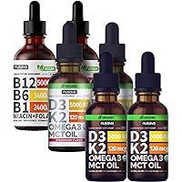 Unflavored D3 K2, Strawberry Flavored D3 K2, & Vitamin B12 Liquid Drops Bundle - Potent Liquid Vitamins for Heart, Joint, Energy, & Immune Support - Non-GMO, Gluten-Free, 2pk Each