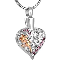 Ashes Heart Shaped Stainless Steel Keepsake Necklace,for Mum Memorial Urn Pendant Human Ashes Holder Cremation Necklace with Golden Flower