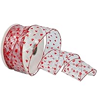 Morex Precious Hearts Ribbon, Wired Sheer, 2.5 inches by 50 Yards, Red