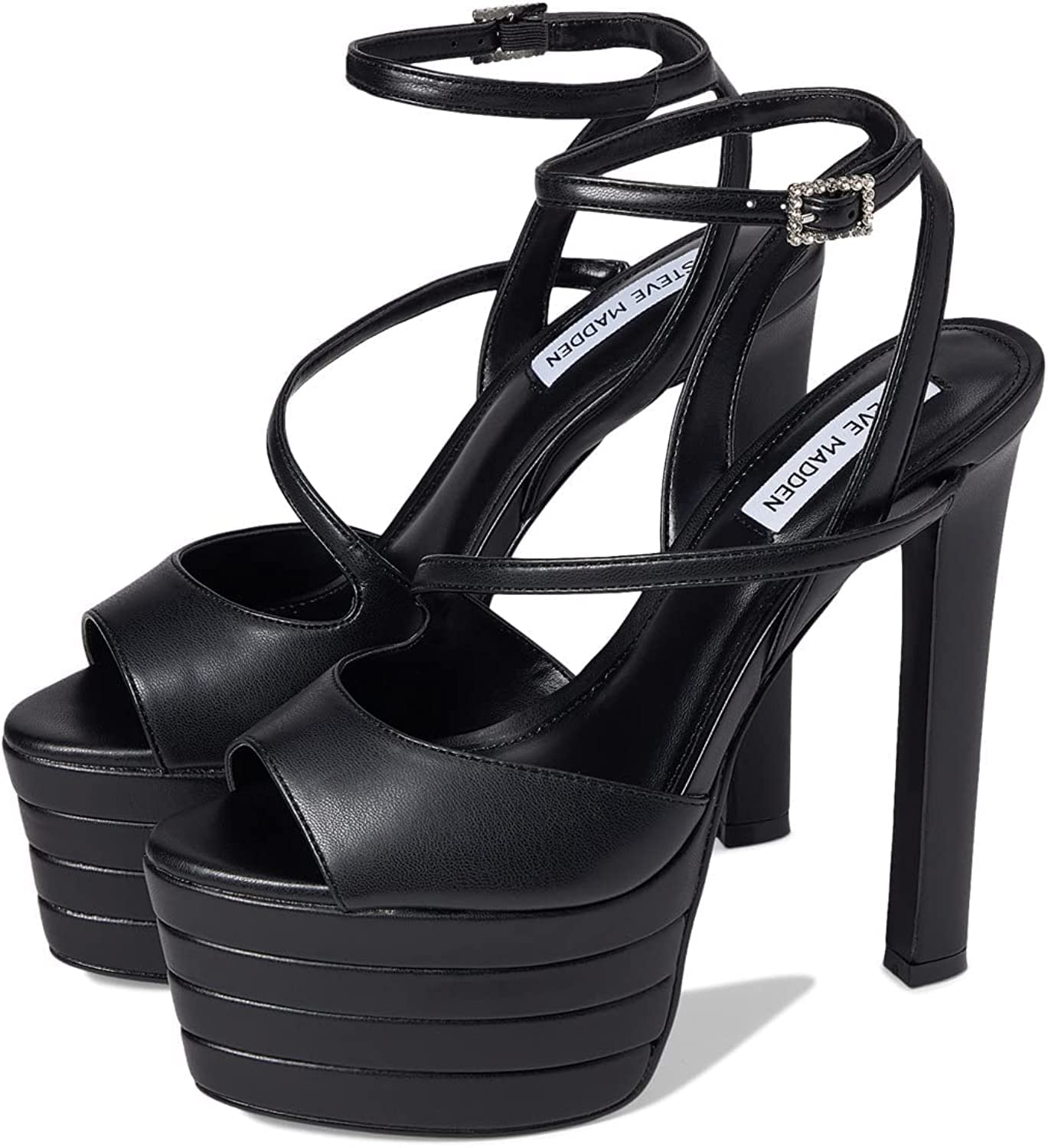 Steve Madden Larssa Black Stiletto Heel Ankle Strap Peep Toe Heeled Sandals