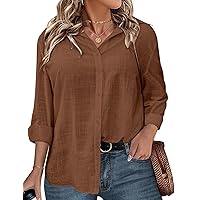 IN'VOLAND Plus Size Long Sleeve Shirts for Women Fashion Casual Loose Fit Button Down Cuffed Lightweight V Neck Collared Blouse Tops Brown