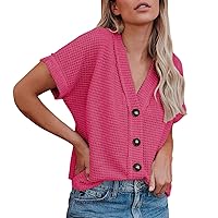 Women's Blouses Short Sleeve Soild Button-Down V Neck Cute Tee Top Business Casual Summer T Shirt, S-XL