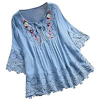 Plus Size Cotton Linen Tops for Women 3/4 Sleeve Lace Patchwork T-Shirt Flowy Blouse Bohemian Style Clothes 2024