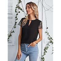 Womens Summer Tops Keyhole Neck Lace Sleeve Top (Color : Black, Size : Small)