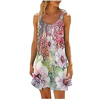 Women Holiday Sundress 2024 Summer Beach Mini Tank Dress Sleeveless Floral Print Short Cami Dresses Pleated Sun Dresses