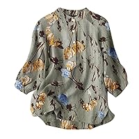 Women's Spring and Summer Round Neck Button Print Cotton Texture Cotton Shirt Womens Colla Button Down Shirt