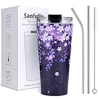 24oz Portable Vacuum Insulated Stainless Steel Tumbler with Leak-proof Lid and Straws, Beverage Tumbler Cup, Floral Designed Travel Coffee Mug, Purple blossoms