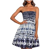 Summer Womens Sexy Off Shoulder Dresses Flowy Sleeveless Strapless High Waist Casual Floral Print Pleated Dress