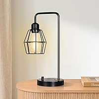 Industrial Dimmable Table Lamps, Modern Black Bedside Lamp, Vintage Farmhouse Lamp with Metal Cage Shade for Bedroom, Office, Living Room,Iron Black 1PACK