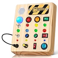 Busy Board Montessori Toys for Toddler, Wooden Sensory Board Switch Toy with Shape Sorter LED Light Up Toys Educational Plane Travel Activity for 1-6 Year Old Girls & Boys