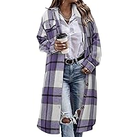 CHICZONE Womens Plaid Shacket Jacket Long Flannel Jacket Casual Lapel Button Down Tartan Trench Coats