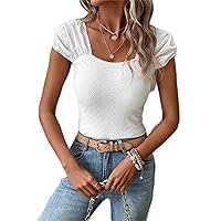 Women's Tops Sexy Tops for Women Shirts Eyelet Embroidery Ruched Tee (Color : White, Size : Small)