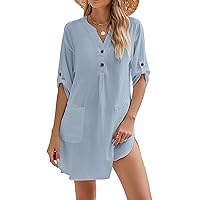 Blooming Jelly Womens Swimsuit Coverup Beach Swimwear Cover Ups Roll Sleeve Bathing Suit Cover up Shirt Dresses