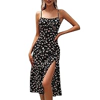Sundresses for Women 2024 Spaghetti Strap Dresses for Women Floral Print Casual Pretty Sexy Slit Slim with Sleeveless Low Neck Beach Dress Black Small