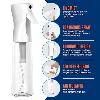 Houseables Continuous Spray Water Bottle, Hair Mist Sprayer, White, 12 Oz, 3 Pack, 355 mL, Ultra Fine, Solvent & BPA Free Clear Plastic, Pressurized Mister, With Pump, For Stylist, Salon, Barber