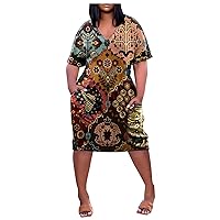 YUTANRAL Plus Size Dresses for Women Summer Casual Beach Vacation Midi Dresses Short Sleeve Boho Print Wrap Dress with Pocket