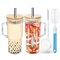 Glass Cups with Bamboo Lids and Straws, Tumbler Cups with Handle 24oz, Mason Jar with Lid-Wide Mouth Drinking Glasses, Boba Cup Smoothie Tumbler Iced Coffee Cup Travel Cups (24oz Glass Cup/2Pack)