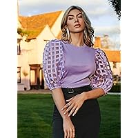 Women's Tops Sexy Tops for Women Women's Shirts Sheer Puff Sleeve Top (Color : Lilac Purple, Size : Medium)