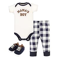 Hudson Baby Unisex Baby Cotton Bodysuit, Pant and Shoe Set, Brown Navy Mamas Boy, 3-6 Months