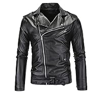 Men Faux Leather Motorcycle Jacket Retro Notched Lapel Pu Biker Coat Asymmetric Zipper Slim Outwear Overcoat