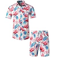 MCEDAR Men's Casual Button-Down Short Sleeve Hawaiian Shirt Suits Fit Beach Floral 2 Piece Vacation Outfits Sets