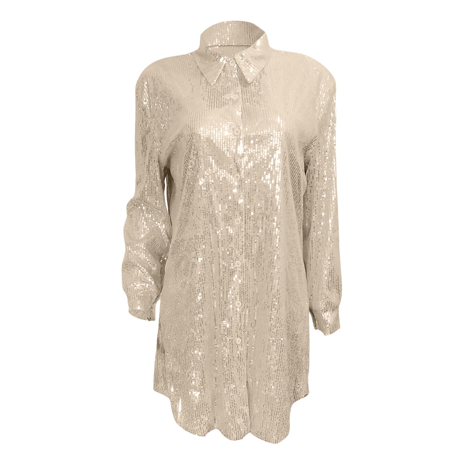 QIGUANDZ Women's Glitter Sequin Oversized Button Down Shirt Dress Long Sleeve Lapel Concert Party Clubwear Trendy Mini Dress
