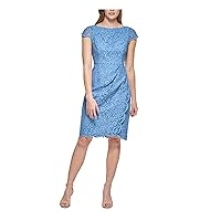 Vince Camuto Womens Blue Zippered Lined V Back Scalloped Fringed Trim Floral Cap Sleeve Boat Neck Above The Knee Wear to Work Faux Wrap Dress Petites 6P