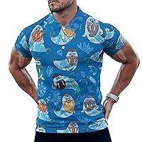 Walrus with Mustache and Tattoo Men's Golf Polo-Shirt Short Sleeve Jersey Tees Casual Tennis Tops L